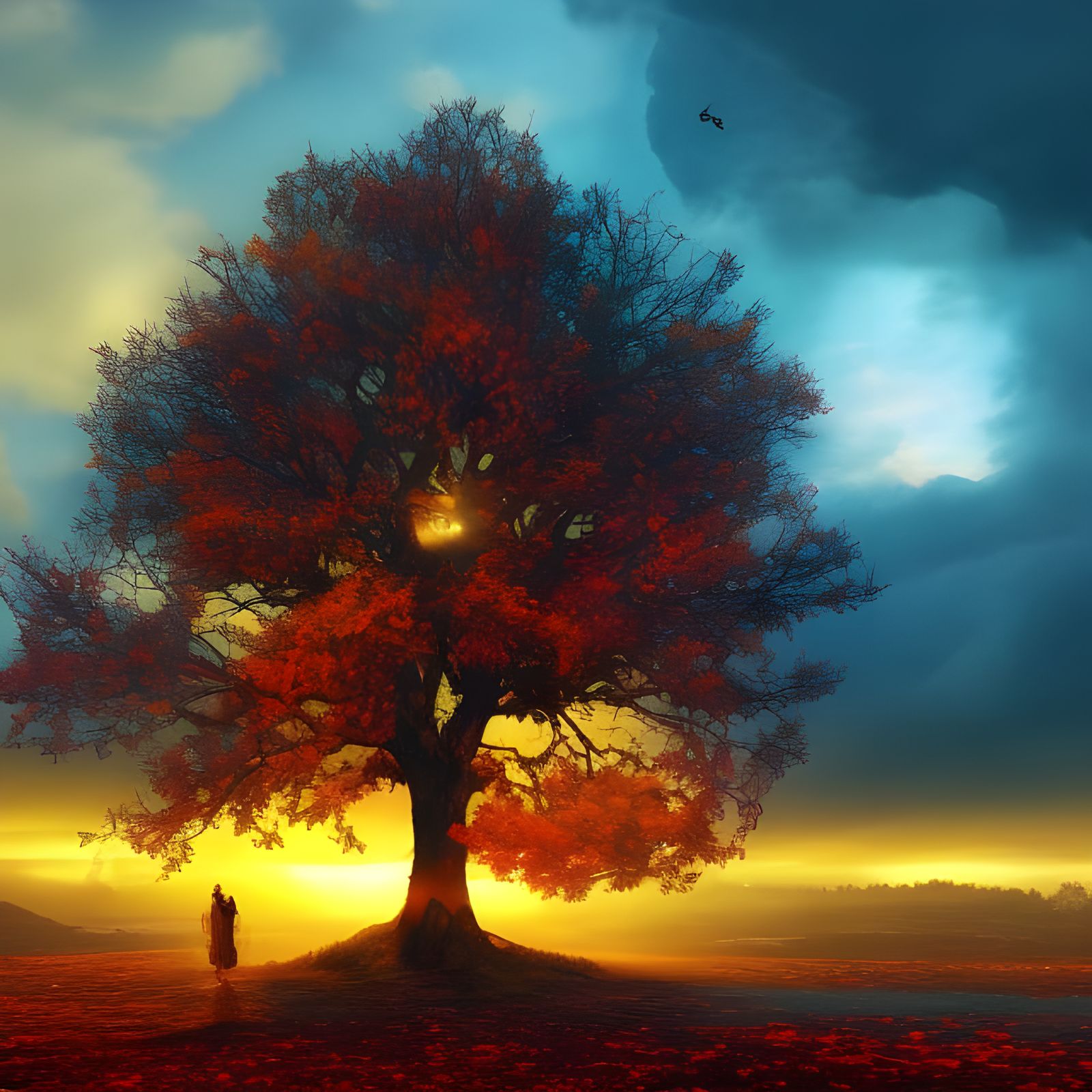 Colorful Sunset Behind Lonely Tree: Digital Matte Painting