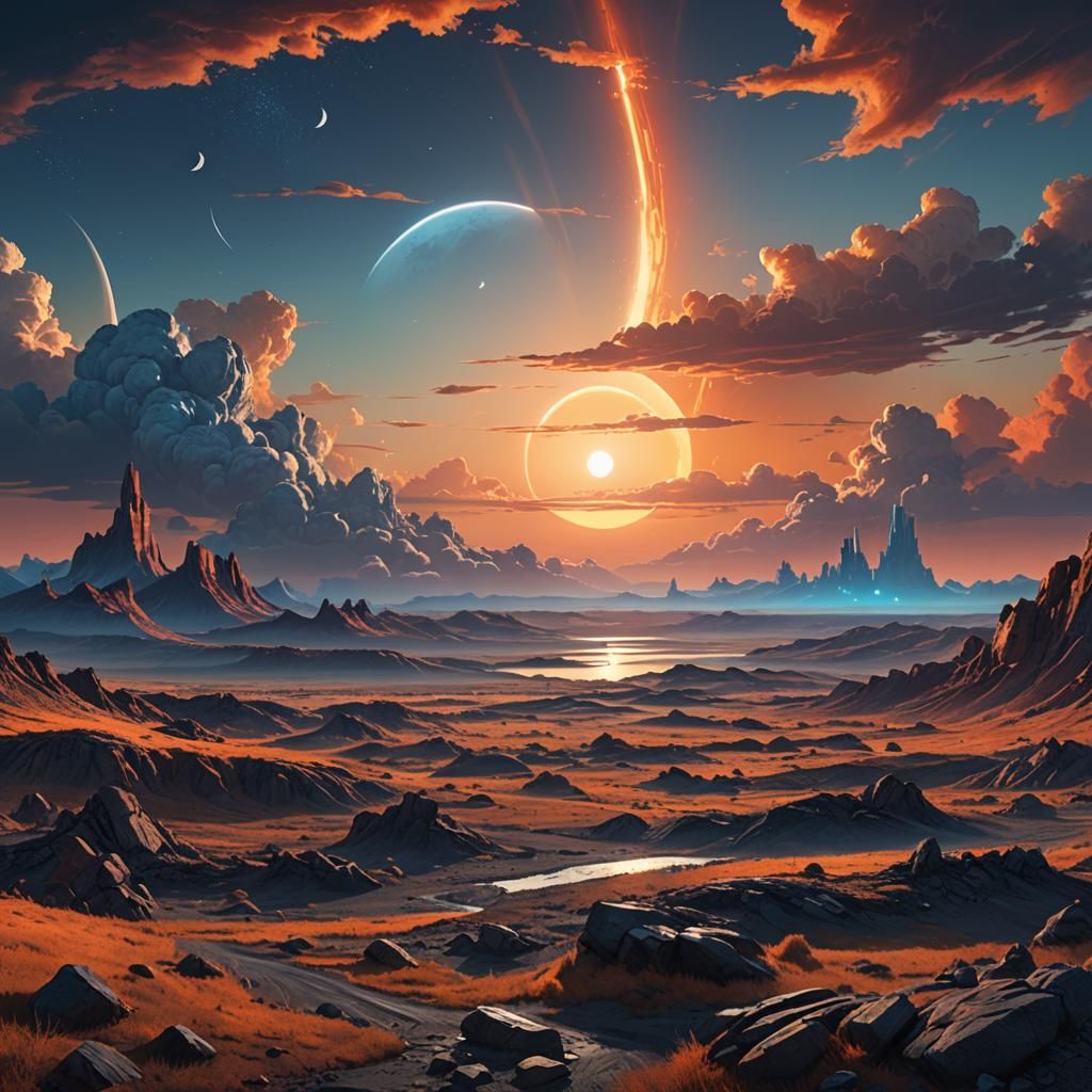 Dramatic Sun and Moon Landscape in Digital Art Style