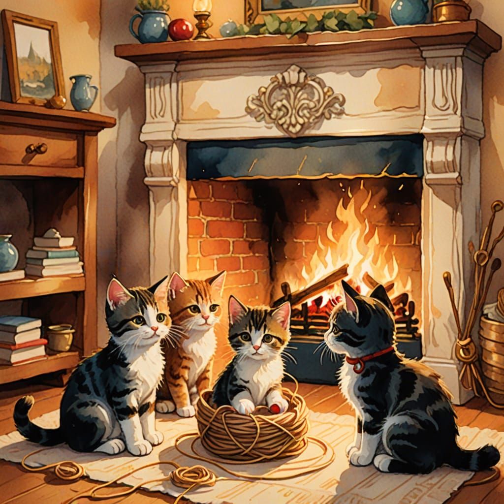 Charming Storybook Illustration of Kittens Playing by Firepl...