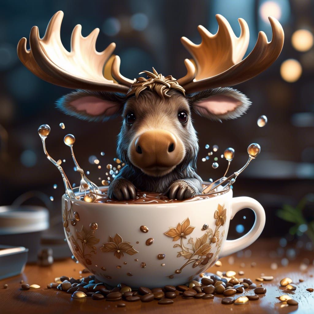 Chibi Moose Bathes in Coffee: Fantasycore Art