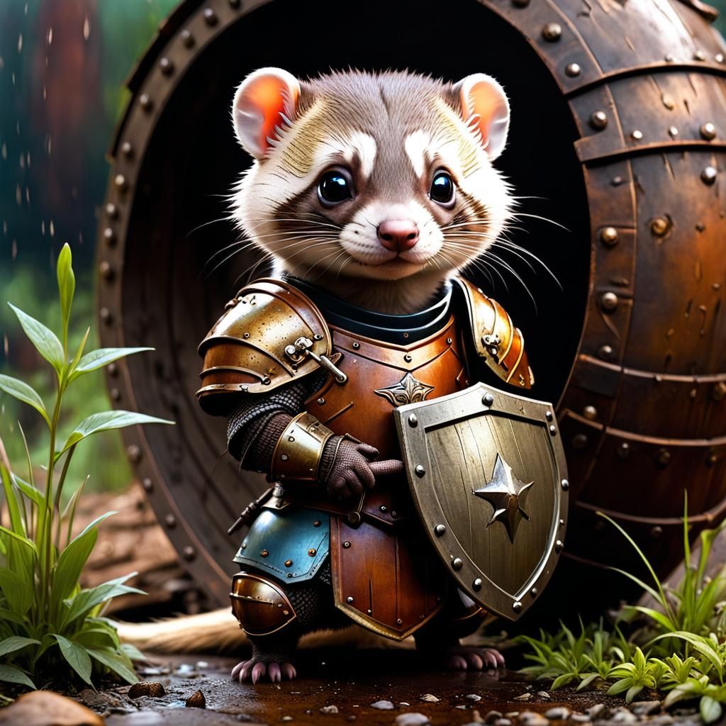 Chibi Ferret Warrior in Apocalyptic Dark Fantasy