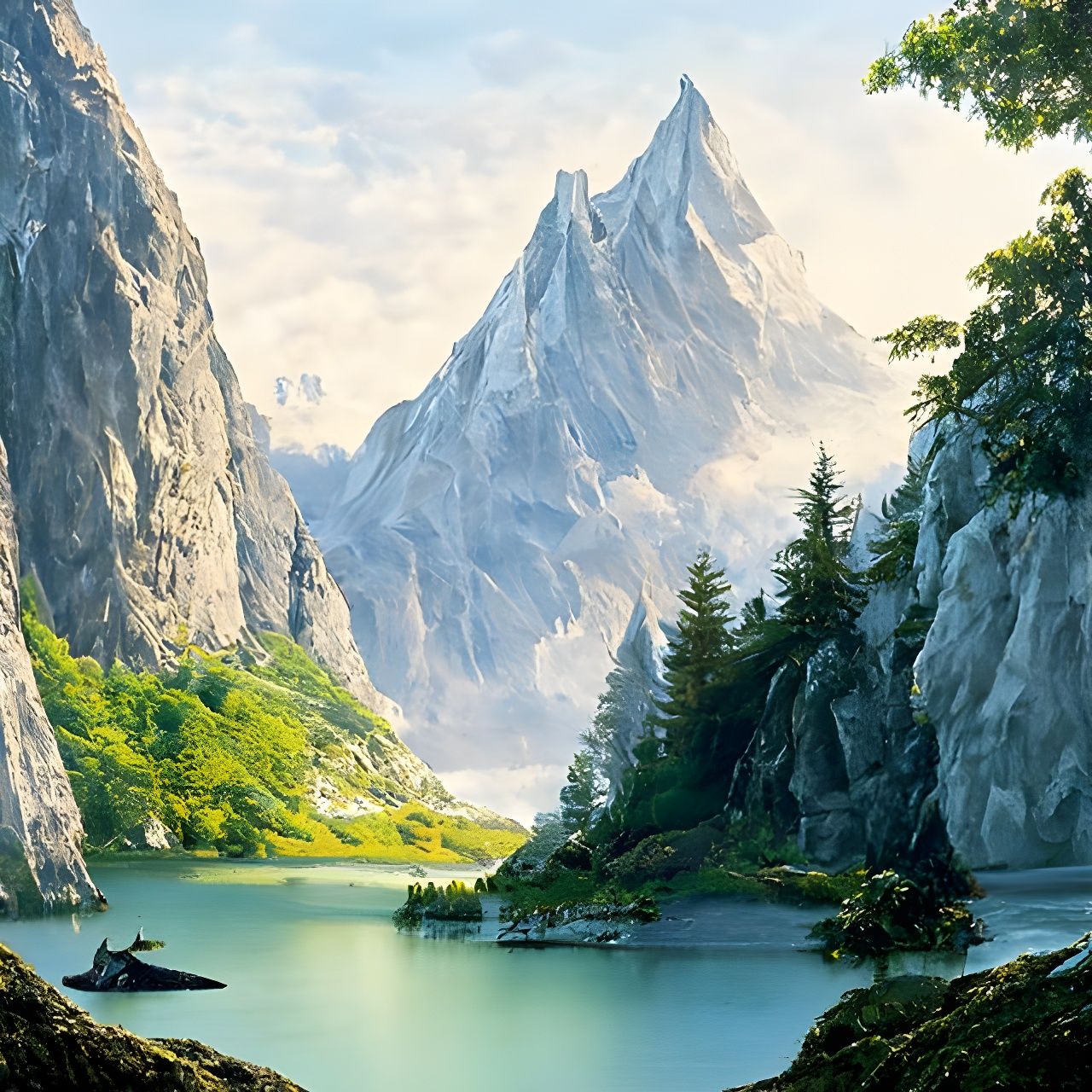 Alpine Lake after Friedrich, Detailed Digital Painting