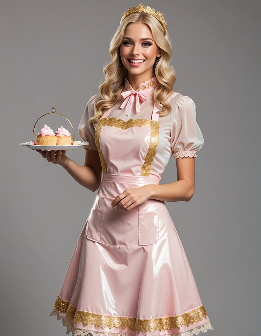 Blonde Woman in Pink Plastic Maid Dress