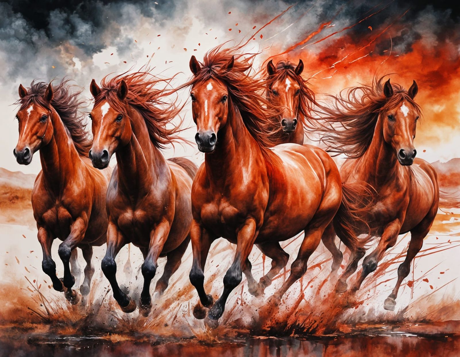 Wild Red Horses Galloping in Sunset Watercolor