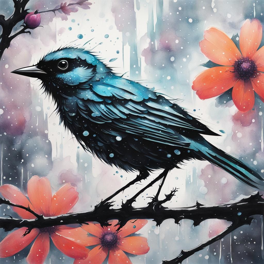 Bird on Flower Branch in Retrofuturist Style