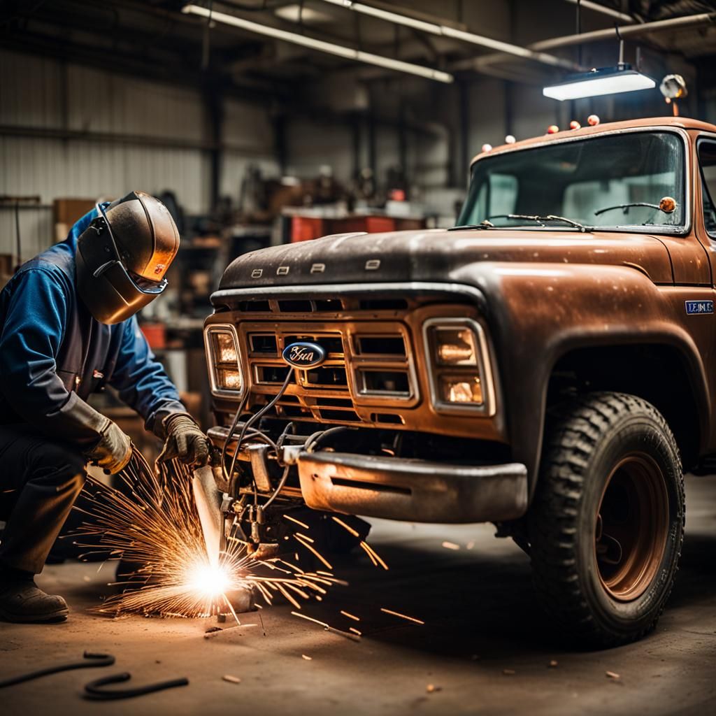 Welder Repairs Ford Truck: Professional Automotive Photograp...