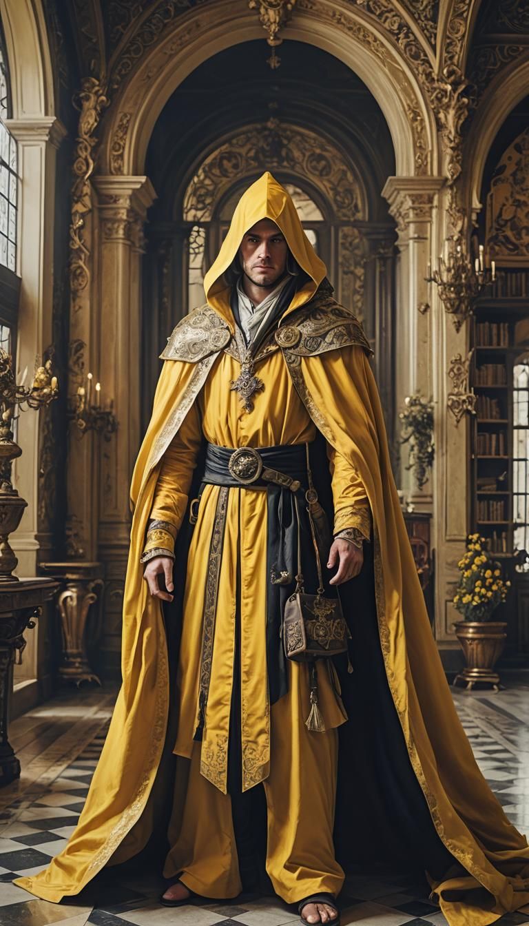 Fantasy Mage in Yellow Robe Inside Mansion