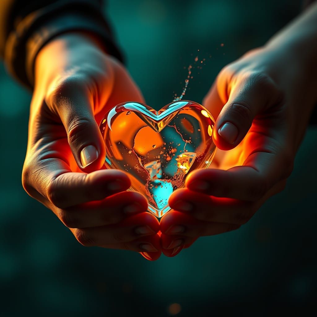 Couple's Hands Holding a Glass Heart in Triadic Colors