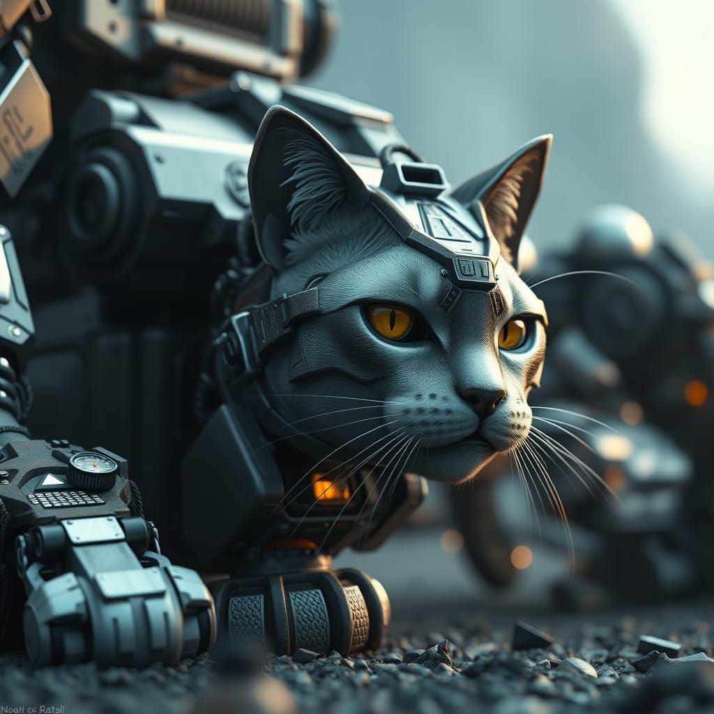 Surreal Futuristic Cat in Polished Metal Mech Suit