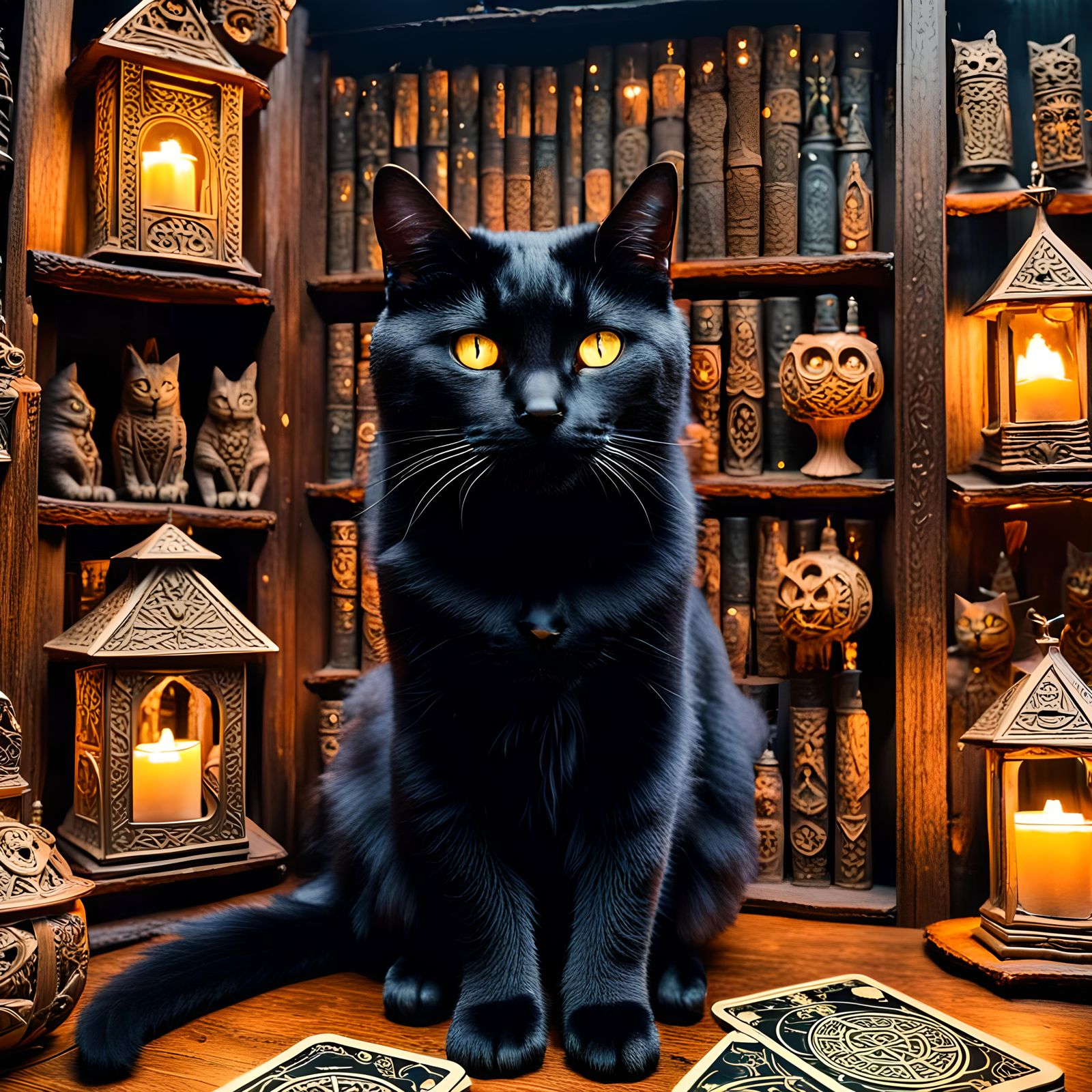 Black Cat Reading Tarot in Witch's Cottage