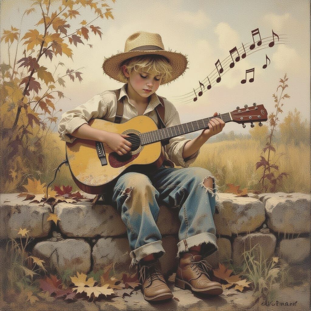 Sad Boy on Stone Fence Plays Guitar Amidst Autumn Foliage