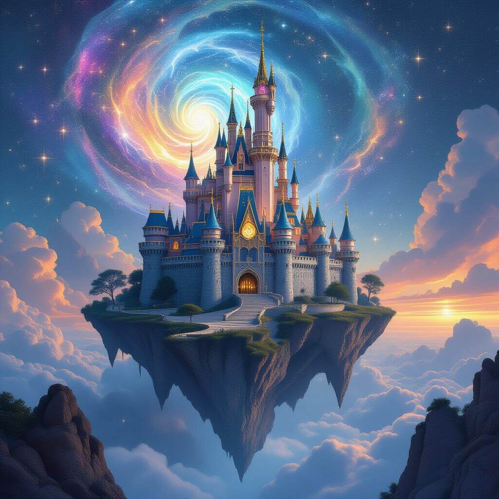 Majestic Castle on Floating Island in Cosmic Nebula