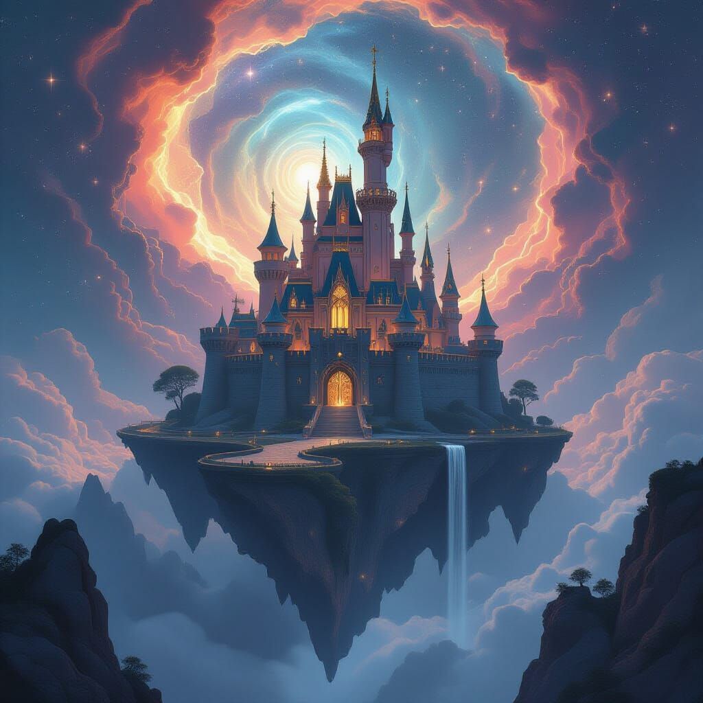 Majestic Castle on Floating Island in Cosmic Nebula