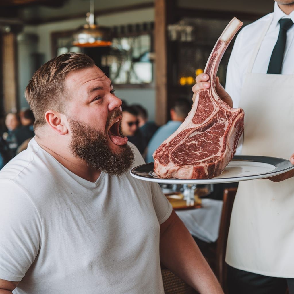 Beefy Guy Receiving a Ribeye Steak at a Restaurant