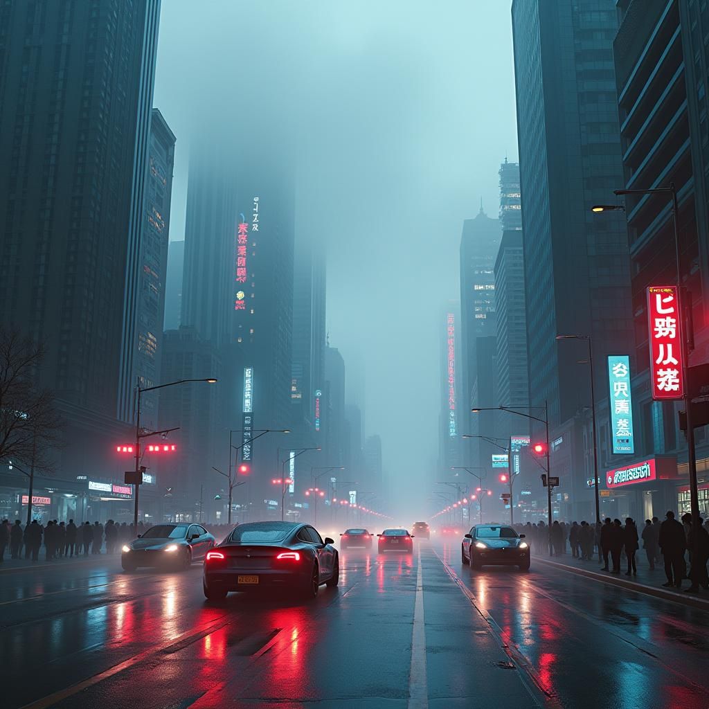 Cyberpunk Metropolis with Electric Cars in Neon Fog
