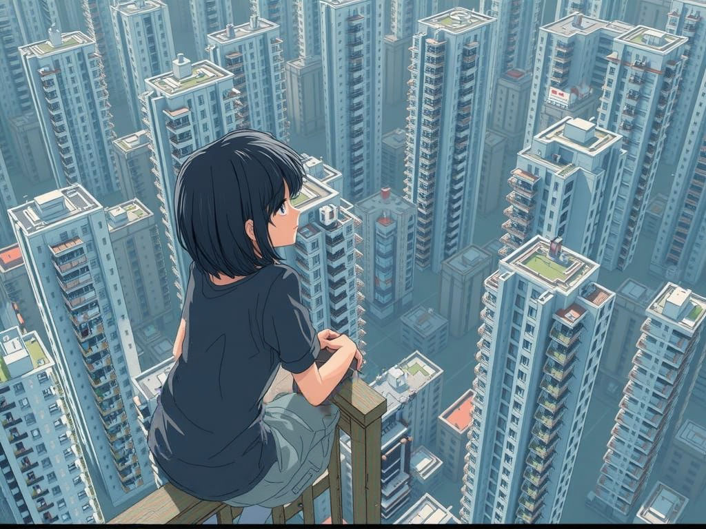 Young Girl on Rooftop in Cityscape
