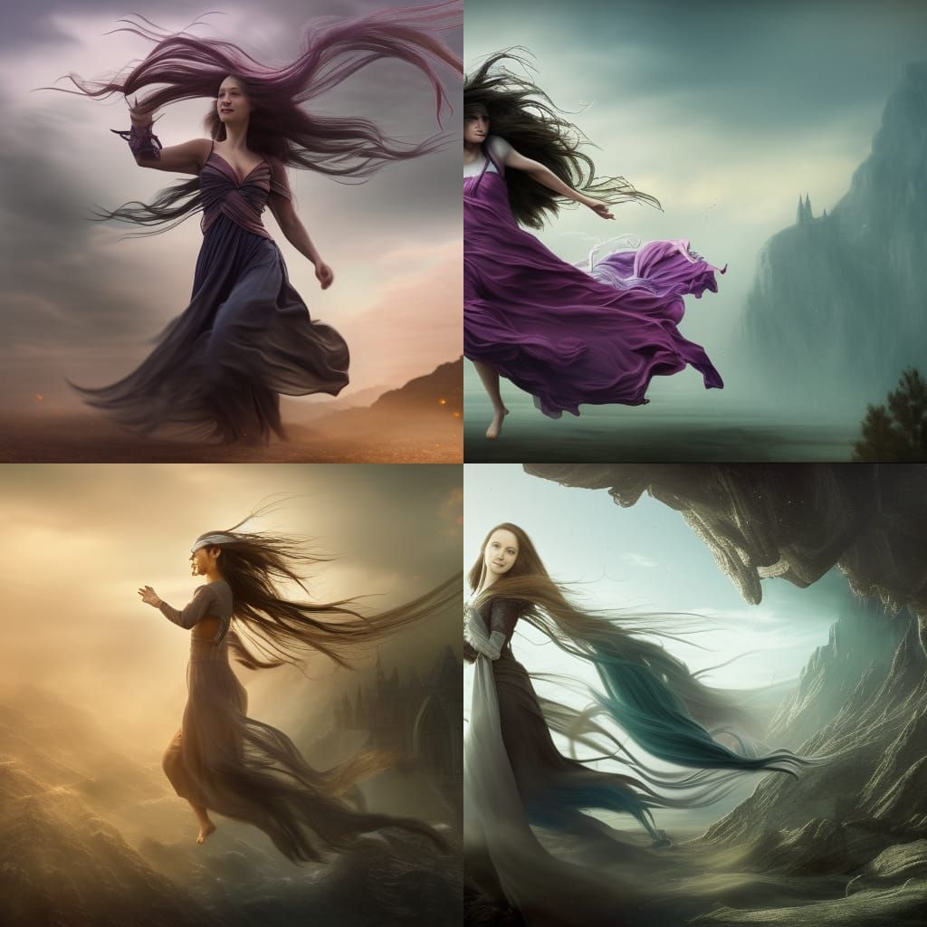 Women with Flowing Hair Throwing Veils in the Wind