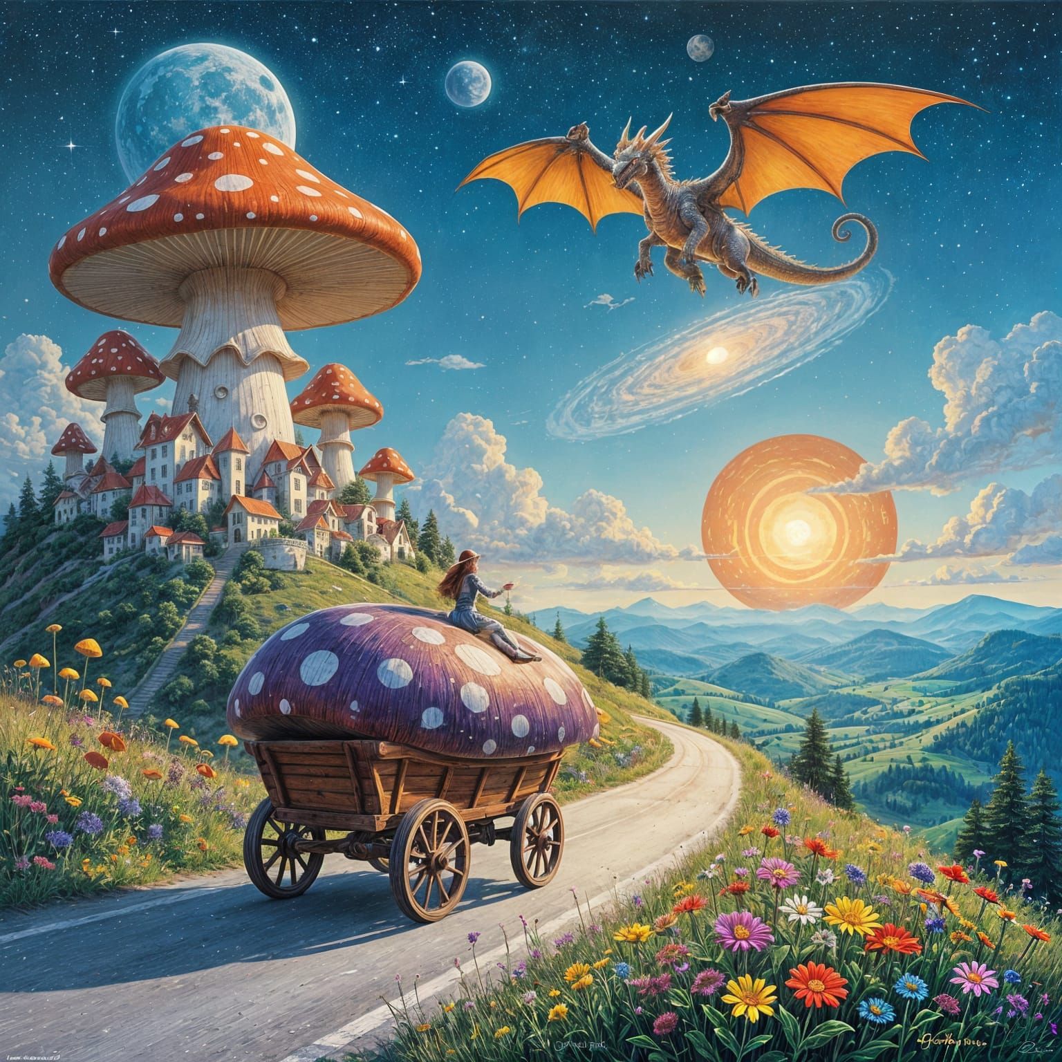 Mushroom Cityscape with Clockwork Dragon, Gurney Style