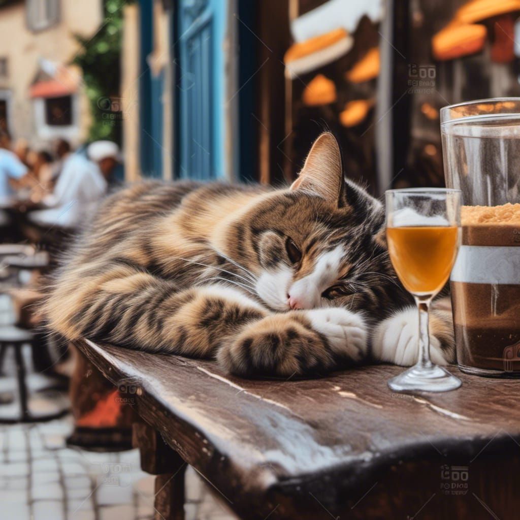 Cat Relaxes at Village Bar with Patrons