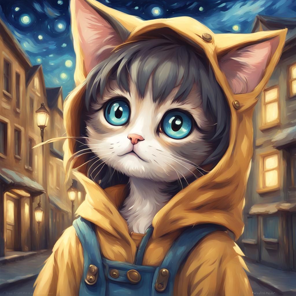 Anime Cat Girl in Starry Van Gogh Style