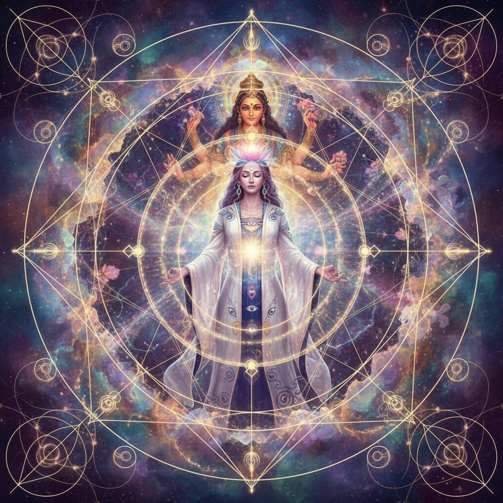 Serene Figure in Cosmic Storm: Ethereal Fantasy Art