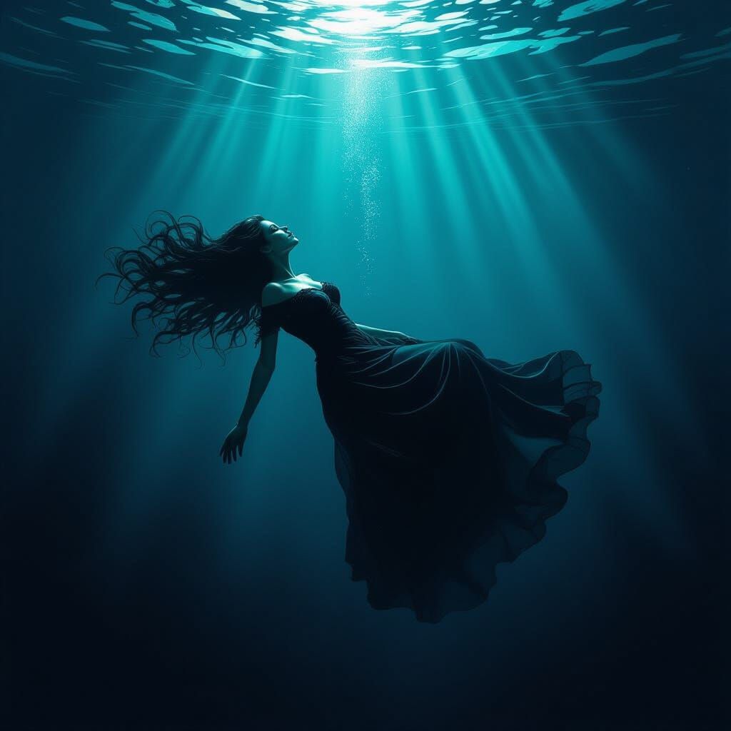 Dark Fantasy Woman Floating in Terrifying Underwater Abyss