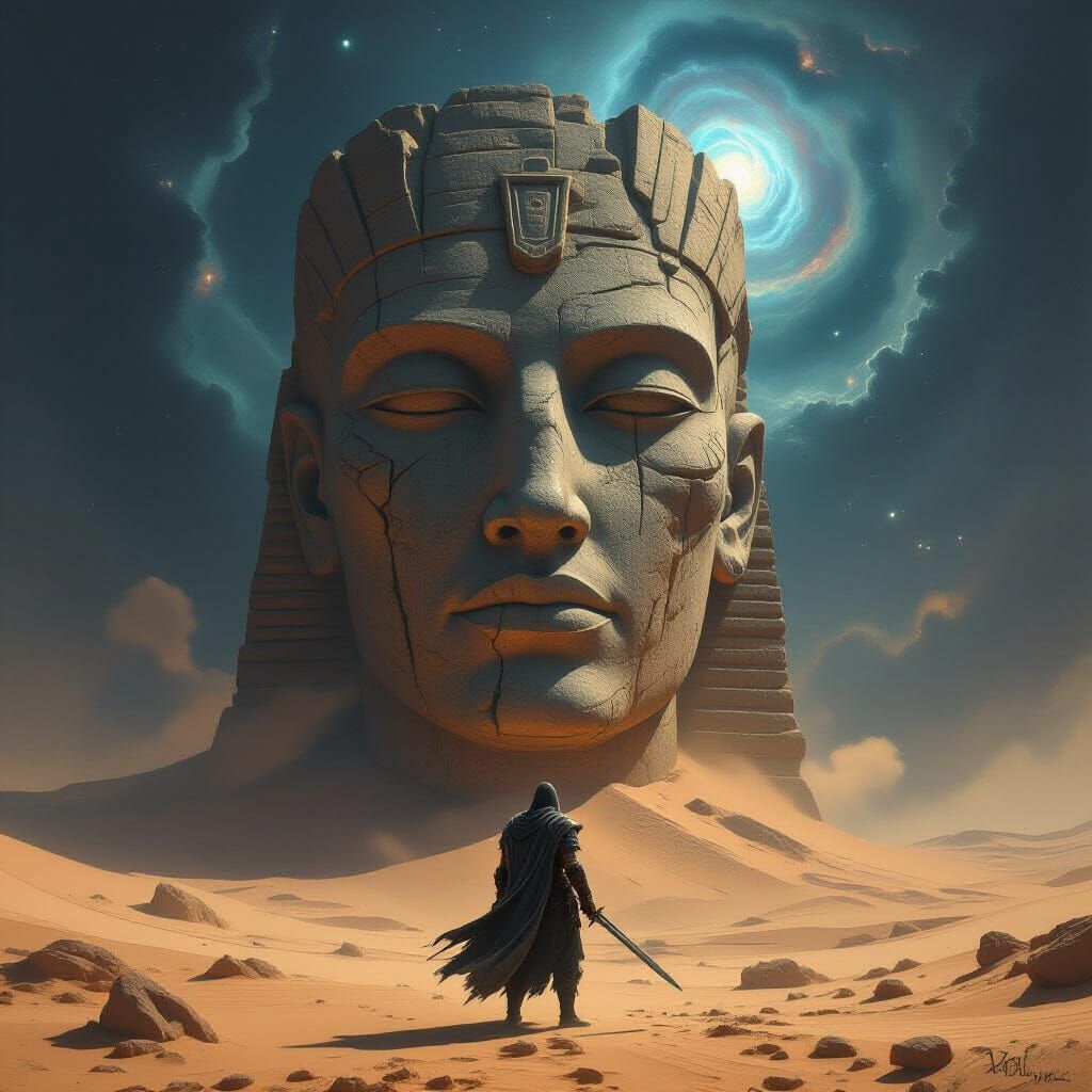 Lone Warrior Before Ancient Stone Head in Cosmic Desert