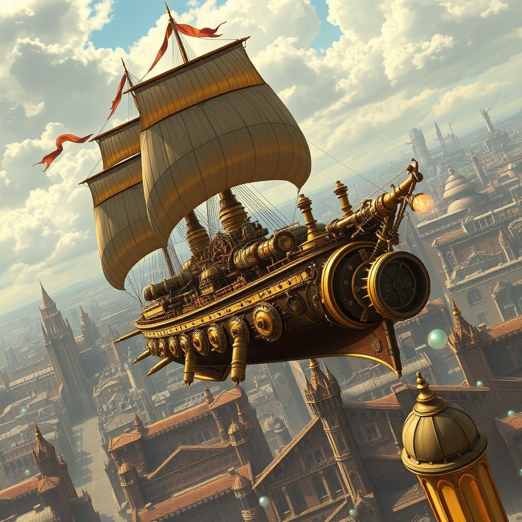 Steampunk Battleship Soaring Above Victorian City