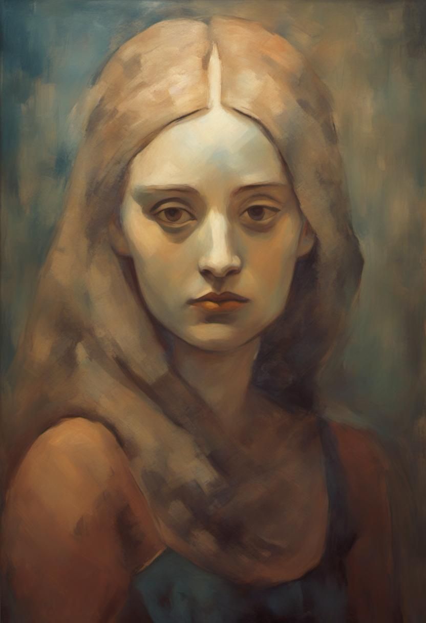 Melancholic Female Portrait in Cubist Style
