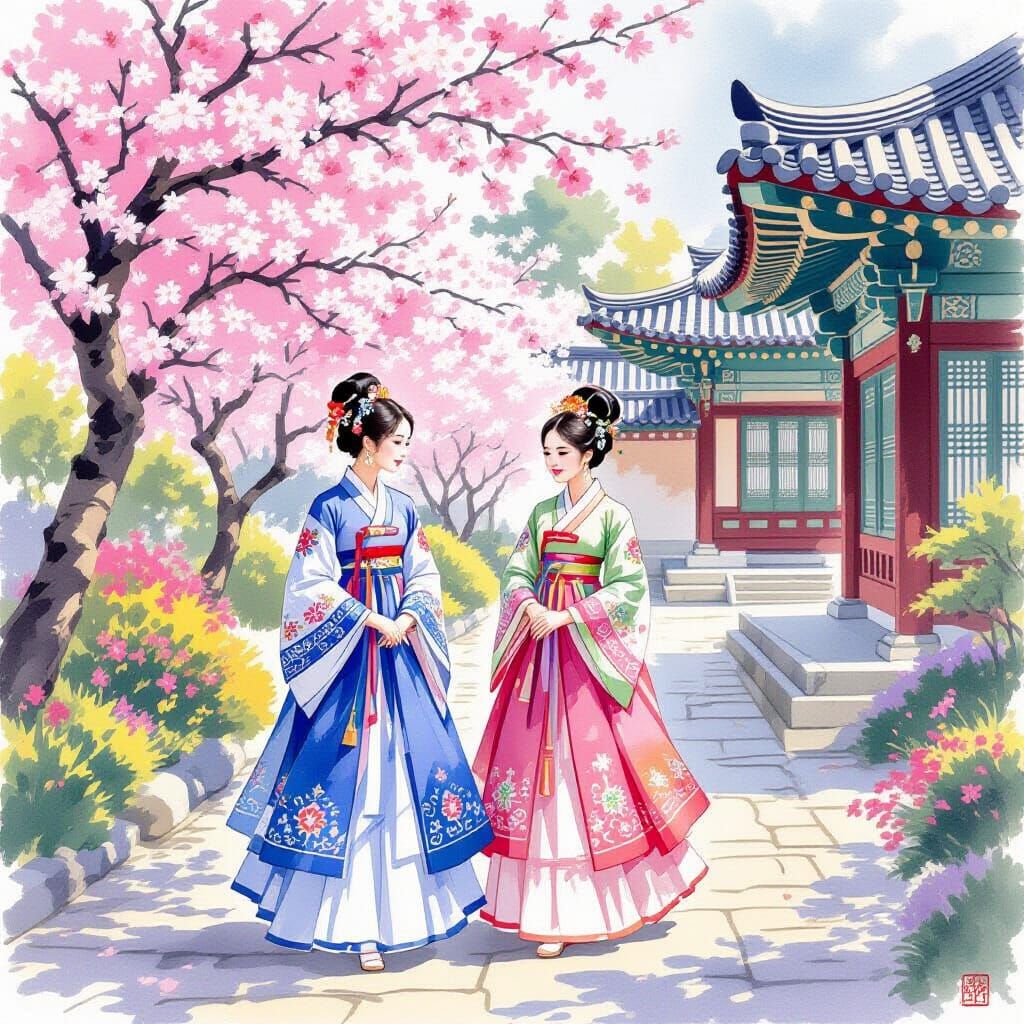 Korean Ladies in Hanbok in Royal Garden