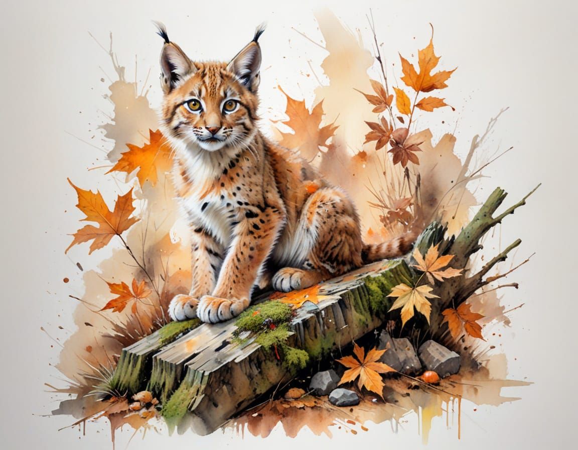 Eurasian Lynx Kitten on Mossy Log in Autumn Watercolour