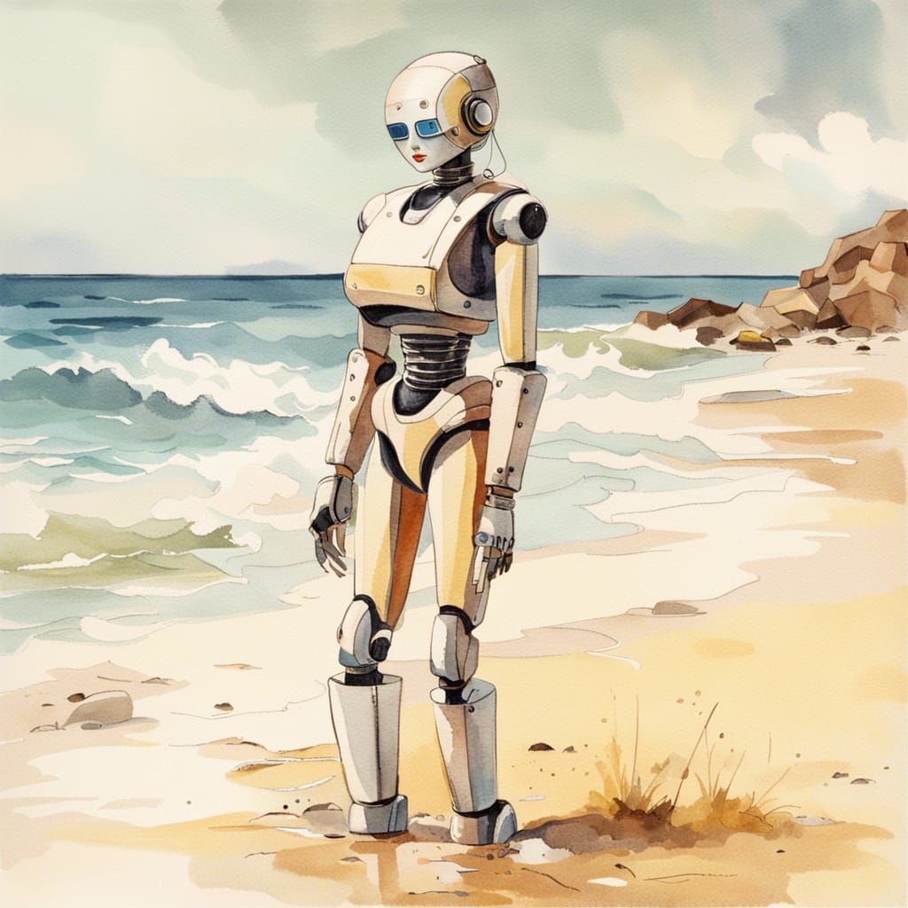 Robot Woman on Beach as Watercolor Oil Illustration