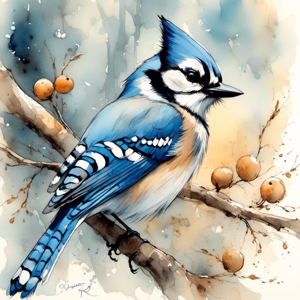 Blue Jay Bird: Watercolor Impressionist Painting