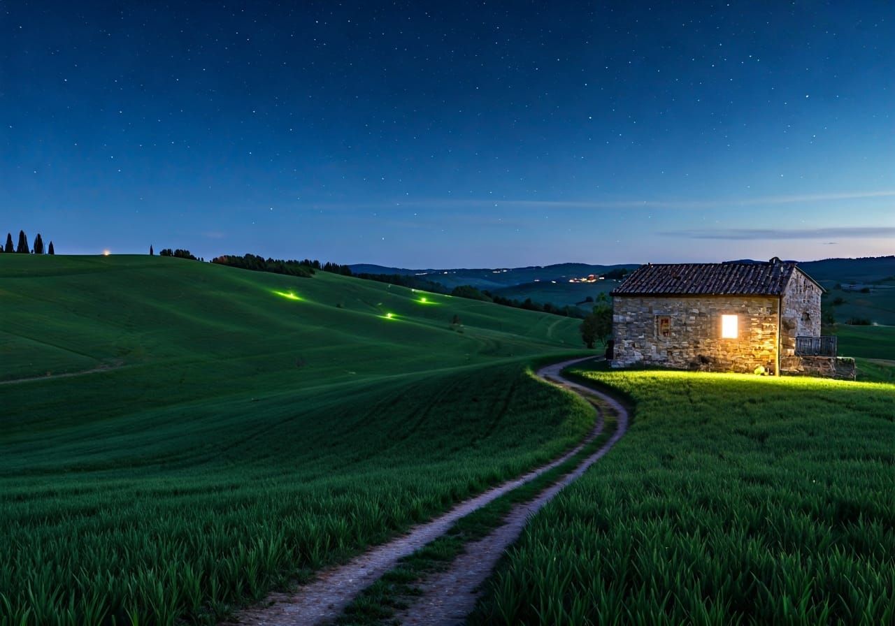 Dreamy Night Landscape with Stone House