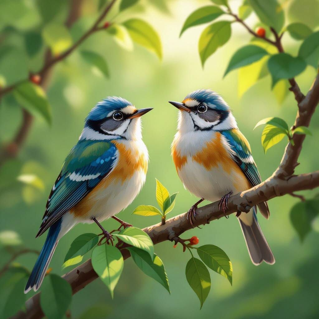 Colorful Birds Singing in Tree, Detailed Illustration