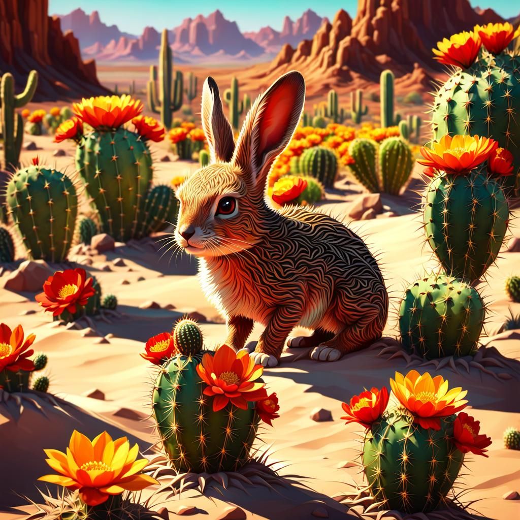 Jackrabbit in Desert Bloom: Hyperdetailed Concept Art