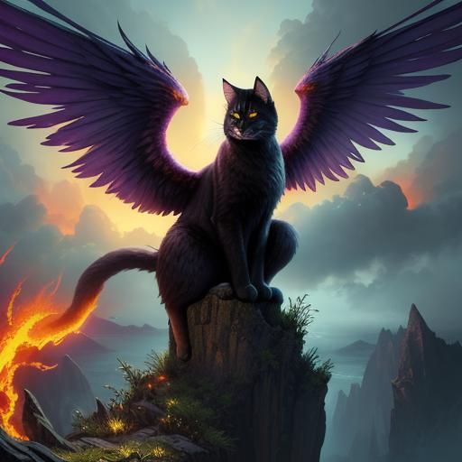 Winged Cat on Cliff in Fantasy Landscape