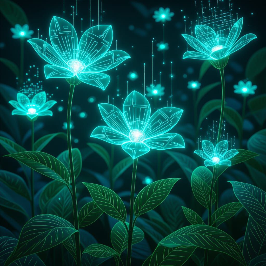Bioluminescent Flowers with Circuitry and Holograms