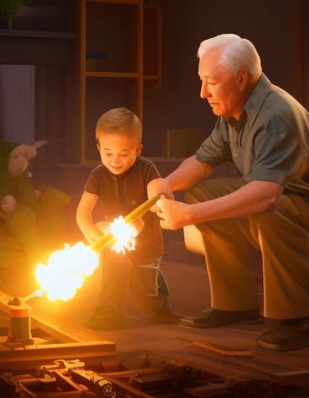 Grandfather and Grandson Gear Crafting in Pixar Style