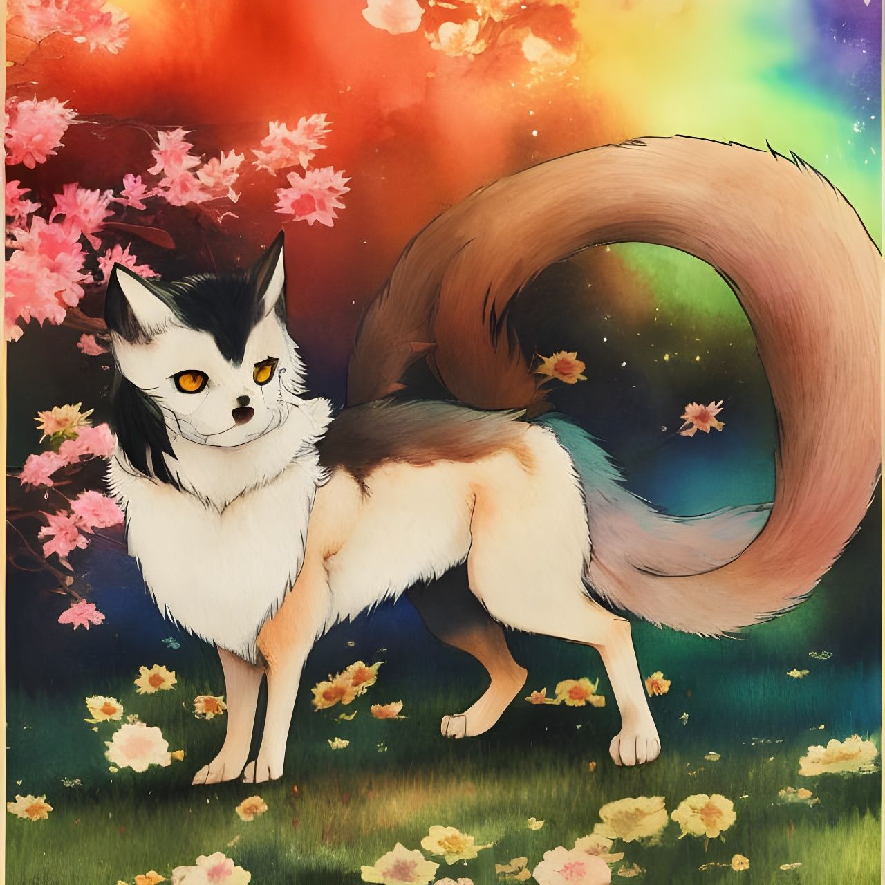 [Ultra cute anime style kitsune with large shiny eyes is painting the night sky with watercolours] standing in a meadow ...