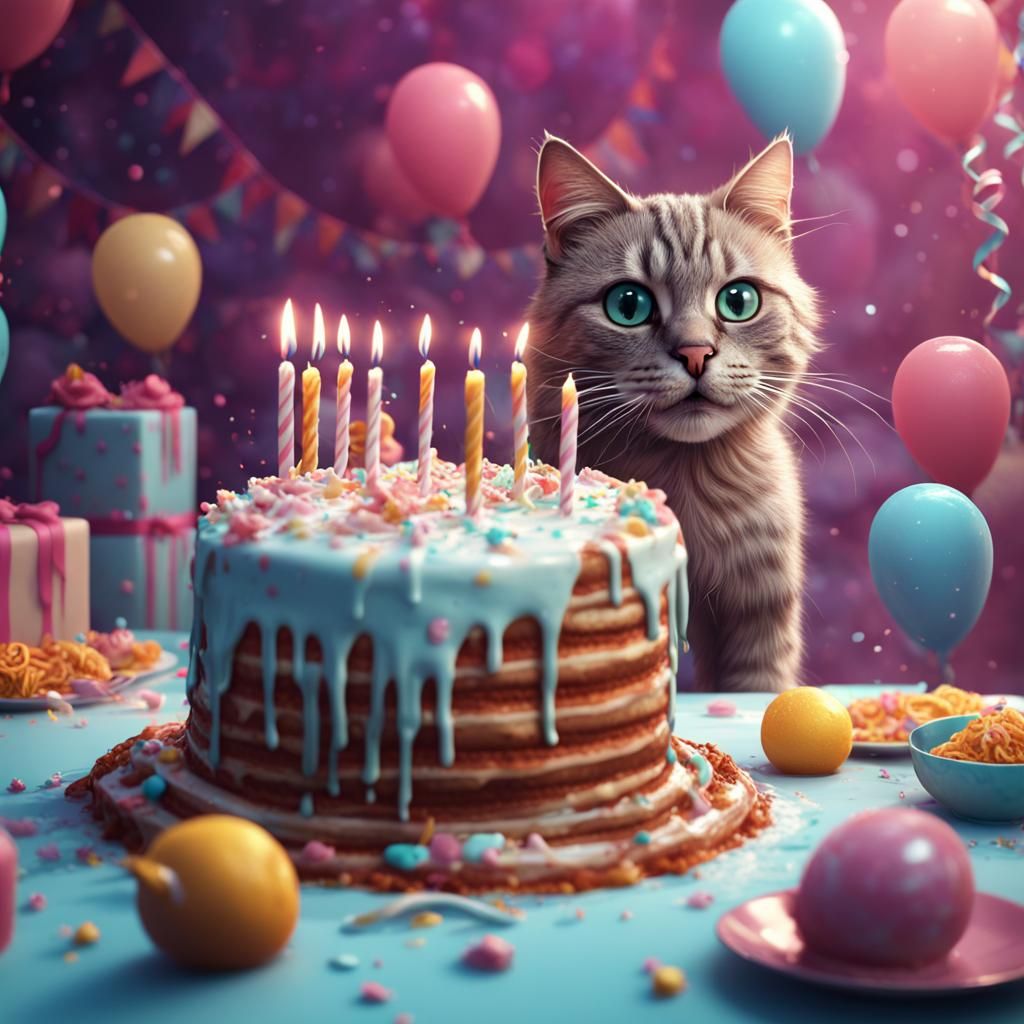 Cute Birthday Cat Eating Cake: Fantasy Concept Art