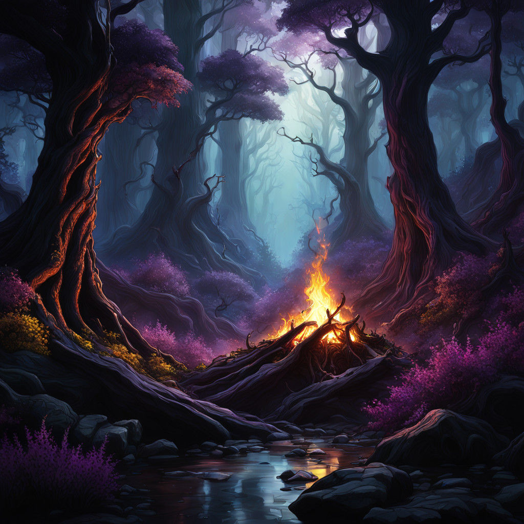 Vibrant Dark Fantasy Bonfire in a Mystical Forest Stained Gl...