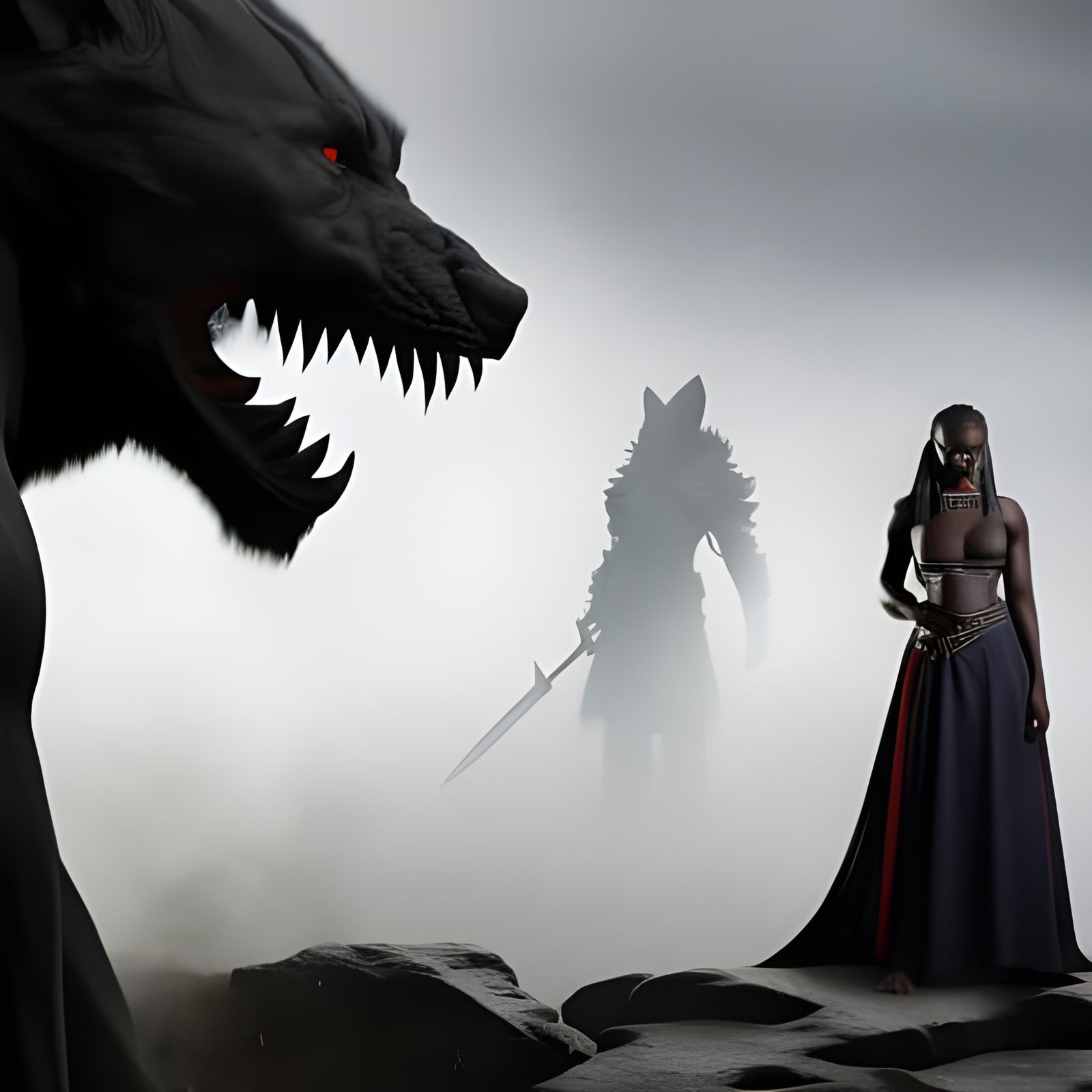 African Warrior Confronts Demonic Werewolf in Matte Painting