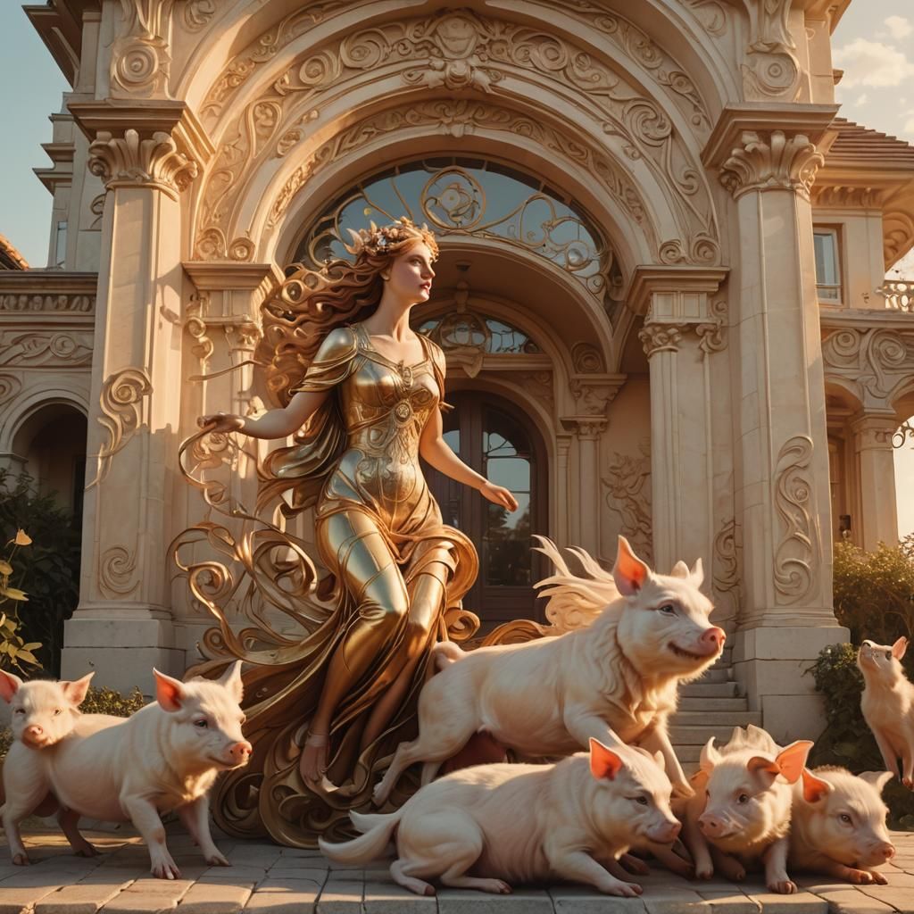 Circe and Flying Pigs in Art Nouveau Style
