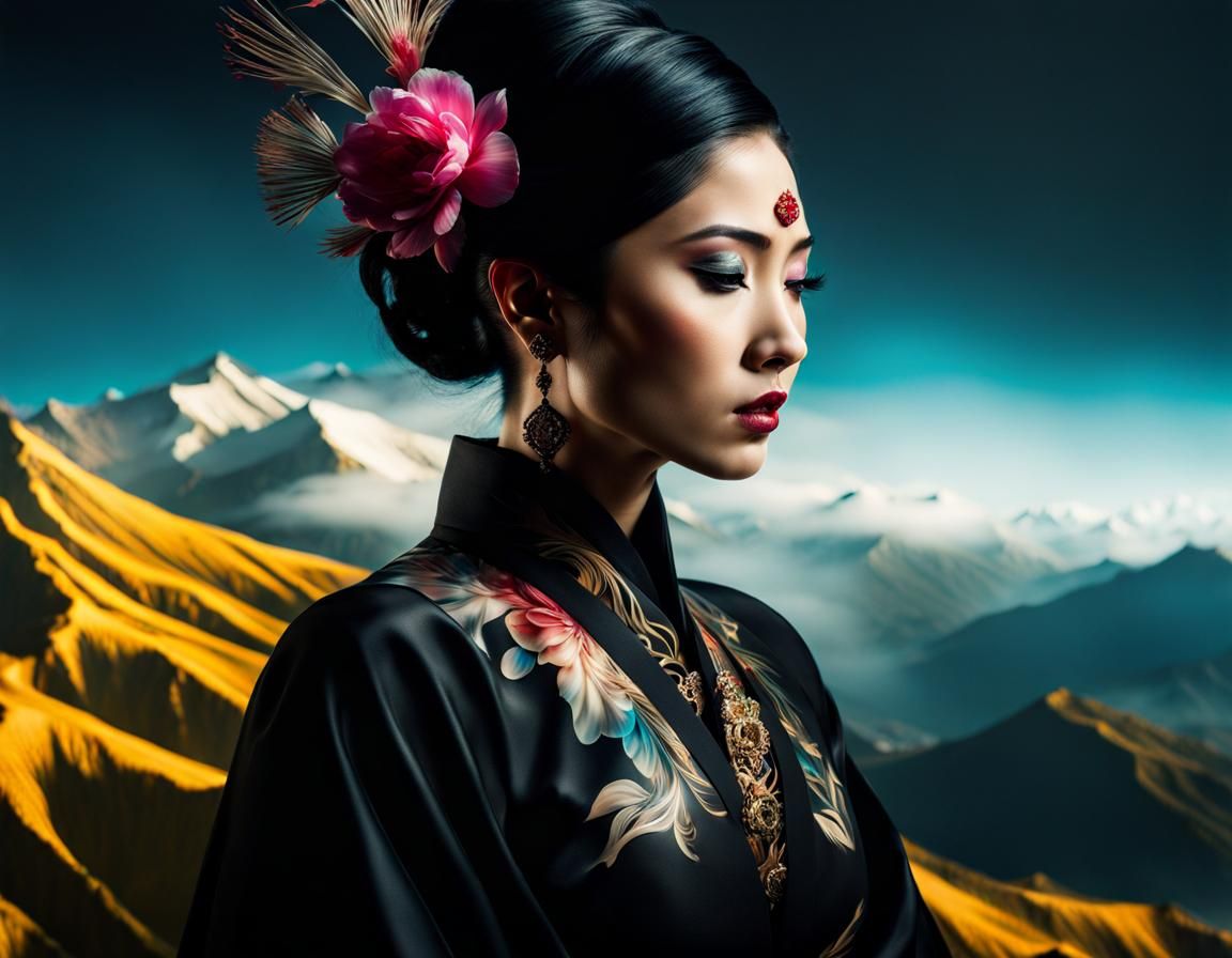 Glass Oil Painting of Asian Woman in Double Exposure