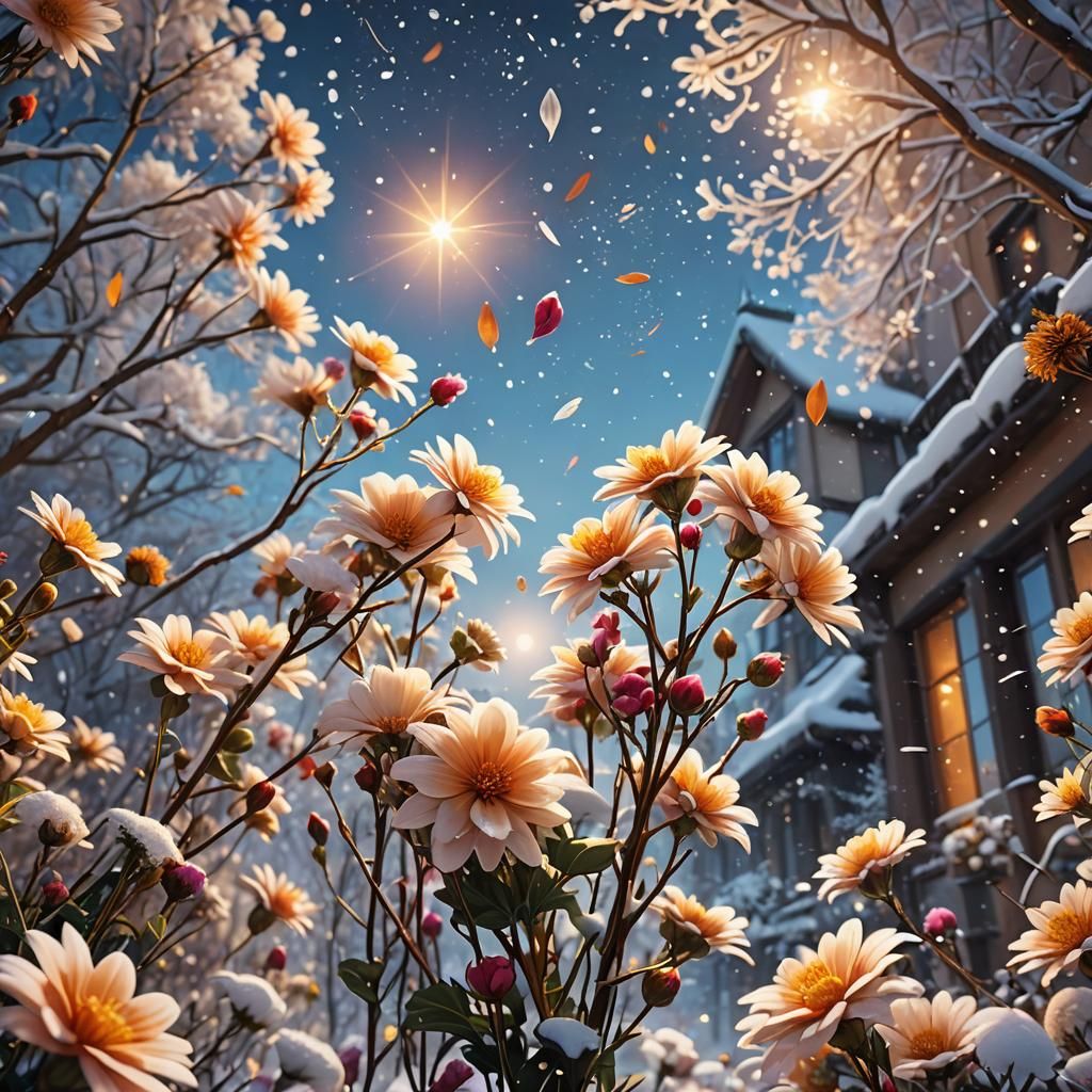 Flowers and Snowflakes in a Fantasy Digital Painting