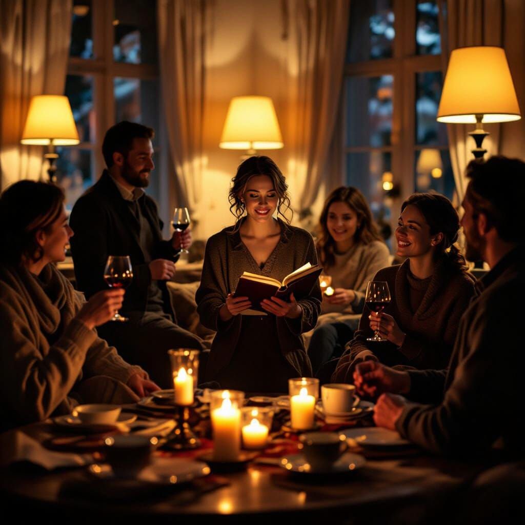 Cozy Living Room Gathering with Poetess Reading Poems