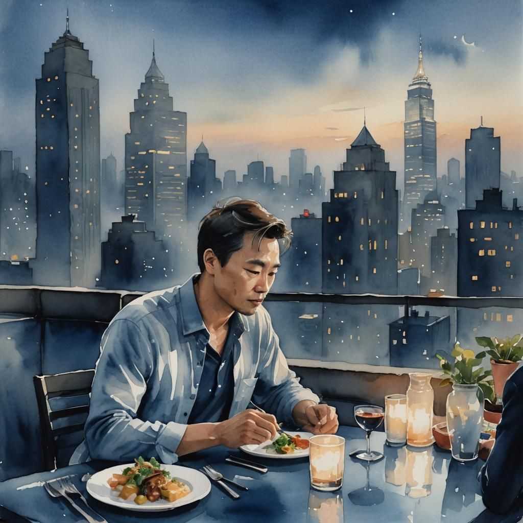Watercolor Rooftop Restaurant with City View