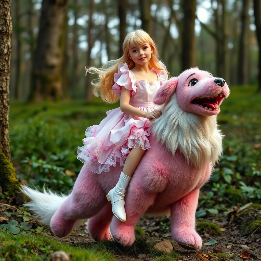 Hobbit Girl Riding a Pink Stuffed Dog