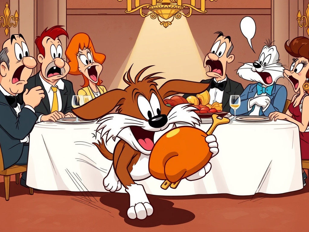 Cartoon Dog Steals Chicken in Looney Tunes Style